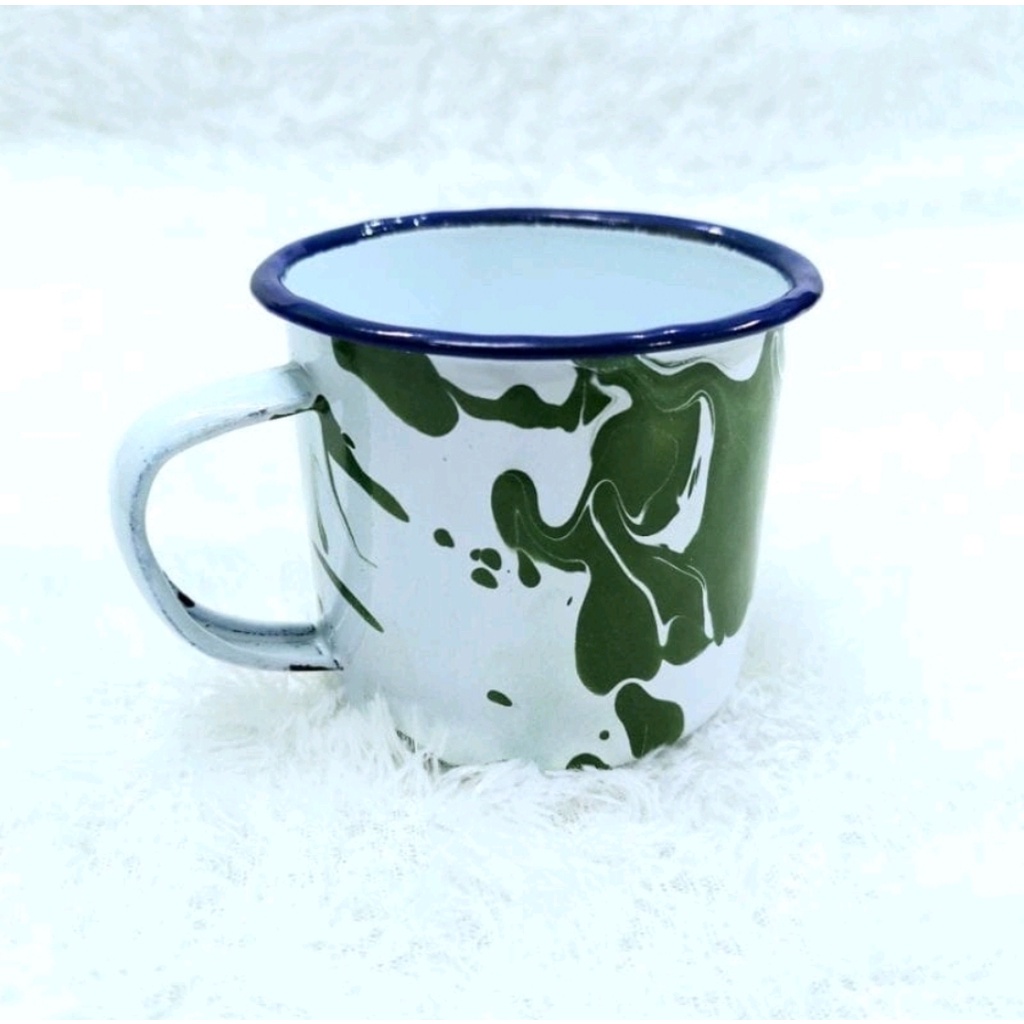 Gelas mug enamel jadul + tutup motif blirik