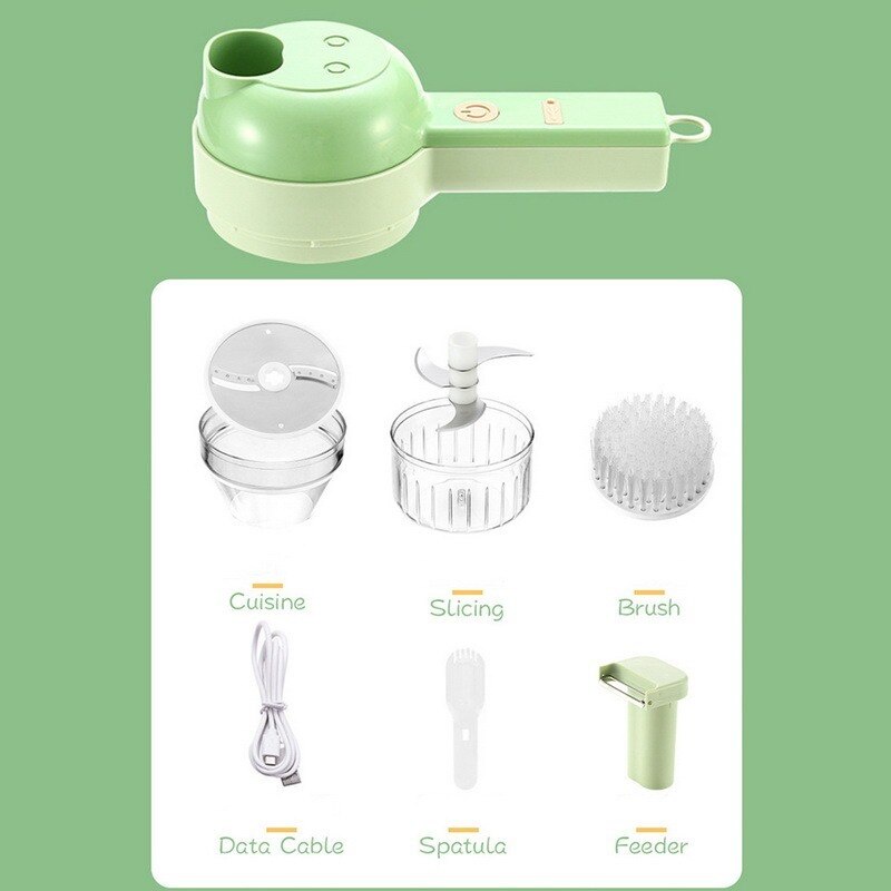 Set Alat 4 in 1 Pemotong Sayuran Elektrik Mini Wireless Rechargerable Pemotong Penghancur Peeler dan Brush