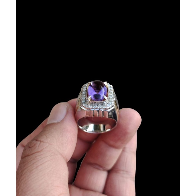 cincin berlian pria mata utama natural kecubung kalimantan keliling full berlian eropa ring perak ri