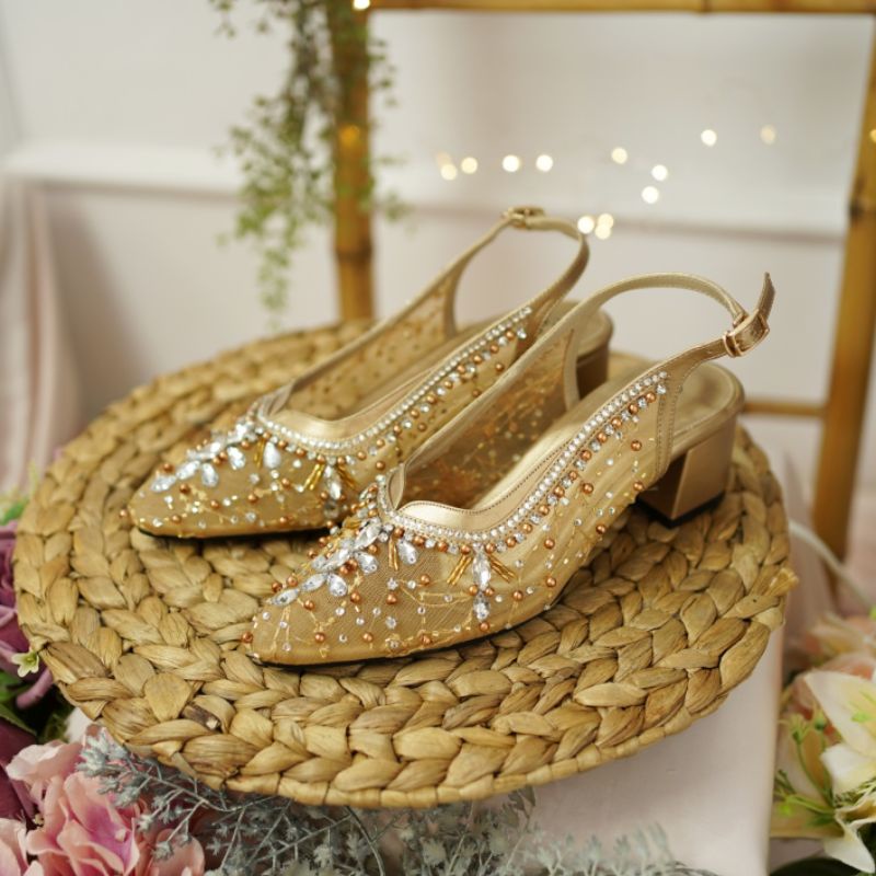 Deu_Calantha Sepatu Pesta Wanita Wedding Shoes Berpayet Ankle Strap Aghnia Gold heels 5CM White 7CM 
