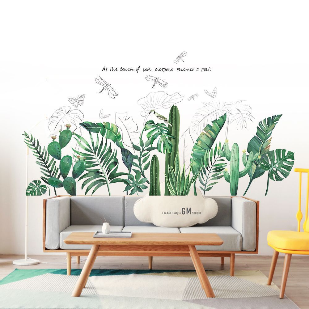 Nordic Daun Hijau Tanaman Self-adhesive Stiker Dinding Ruang Tamu Kamar Anak Removable Dekorasi Wallpaper