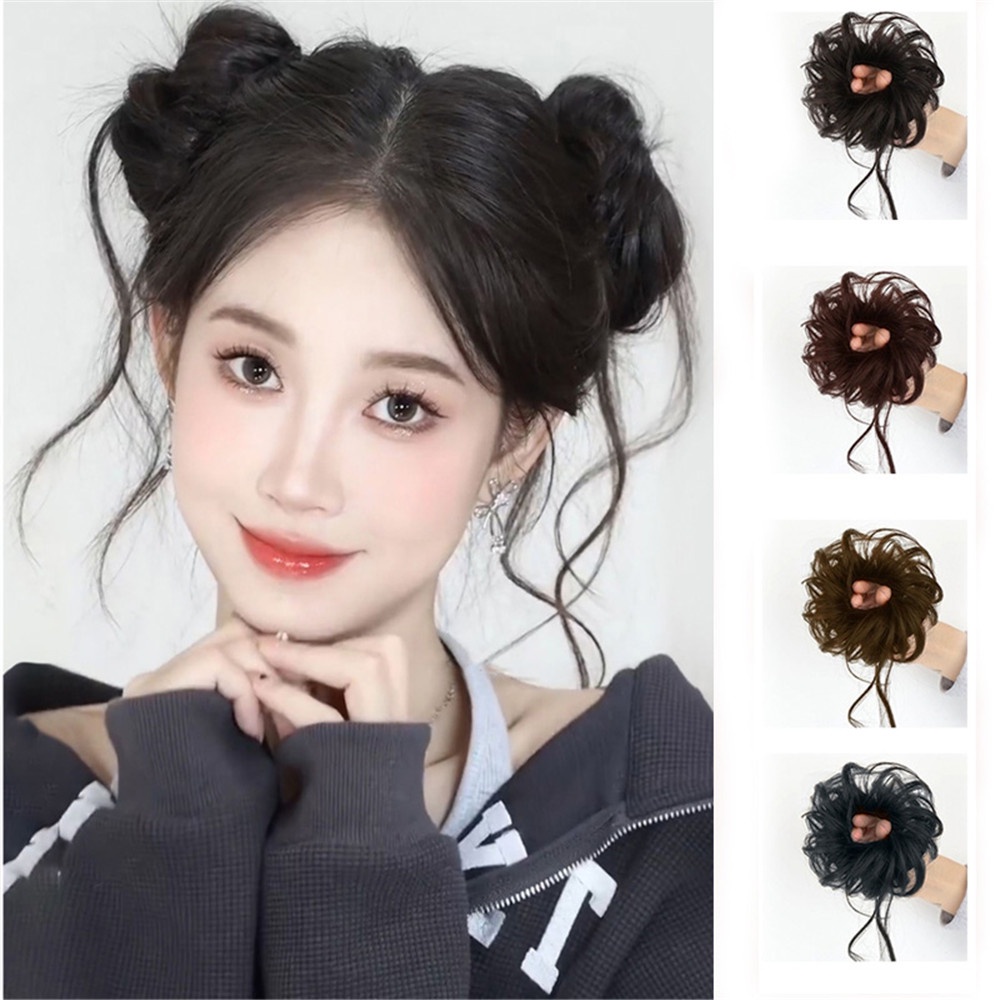 1pasang Y2K Rumbai Fluffy Round Bun Wig Untuk Gadis Manis Muda Wanita Kepala Bola Ganda Aksesoris Rambut