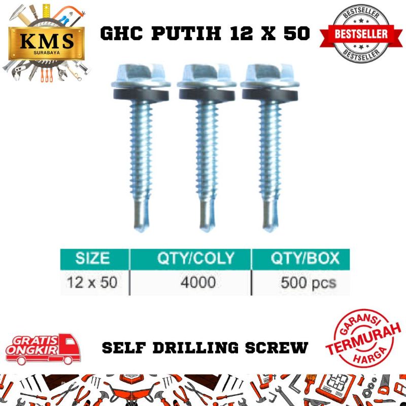 Baut SDS Roofing Drill Kayu Galvalum Baja Ringan Putih GHC 12x50 ( Self Drilling Screw )