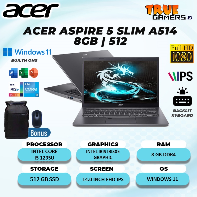 LAPTOP ACER ASPIRE 5 SLIM A514 I5 1235U 16GB 512SSD IRISXE WIN 11 14.0FHD IPS THUNDERB