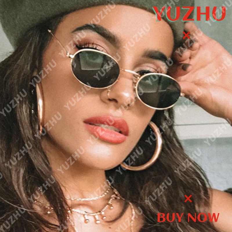 (YUZHU) Ins Fashion Logam Oval Bingkai Kacamata Hitam Wanita Gaya Retro Anti UV400 Bingkai Kecil Kacamata Hitam Pria