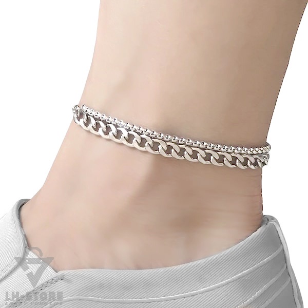 GELANG KAKI TITANIUM 2 LAYER RANTAI KUBA CHUNKY PRIA WANITA ANTI KARAT DAN TIDAK LUNTUR