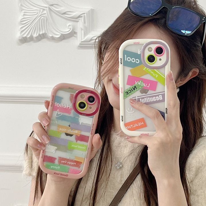 English Label Puff Case iPhone 11 12 13 14 Pro Max 14 Plus Women's Cute Pink White Good Luck Friends Gifts Soft Casing Cover