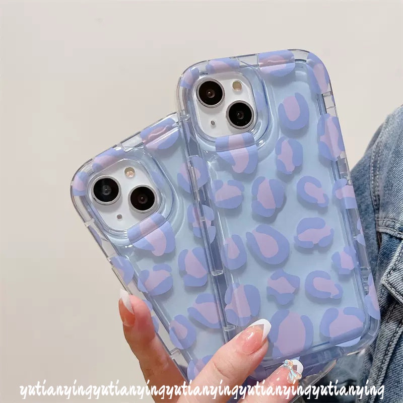 IPHONE Casing Ponsel Kompatibel Untuk Iphone11 14 13 12 Pro MAX XR 7plus 8plus 6 6S 7 8 Plus X XS MAX Ins Fashion Ungu Leopard Print Airbag Shockproof Transparan Lembut TPU Cover