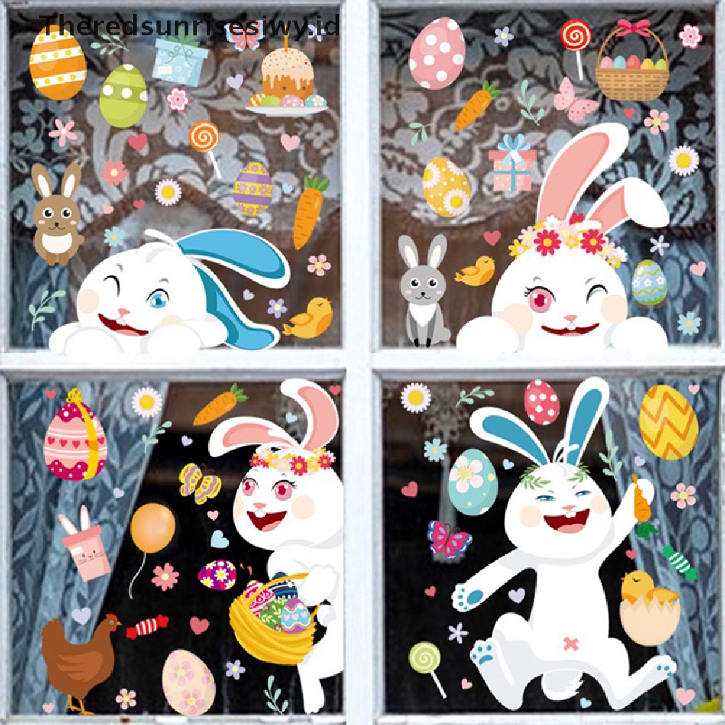 # Baju Lebaran # Stiker Jendela Kaca Happy Easter Colorful Bunny Eggs Wall Sticker 25x35cm~