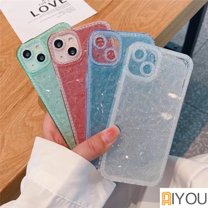 IPHONE Glitter Pelindung Kamera Transparan Soft Case Untuk Iphone14 13 12 11 Pro Max X XR Xs7 8 Plus SE 2022 Shockproof Silicone Cover