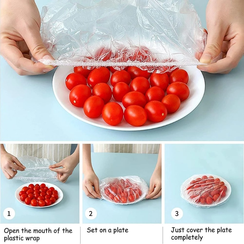 100 Pcs Disposable Food Cover Bungkus Plastik Elastis Mangkuk Piring Tahan Debu Tutup Dapur Kulkas Makanan Segar Menjaga Saver Bag Buah Sayuran Tas Penyimpanan