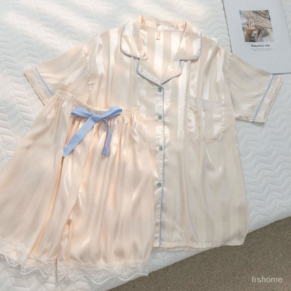 [Jakarta ready]baju tidur wanita satin premium/Piyama sutra es wanita musim panas bagian tipis sederhana ins angin nilai tinggi bergaris lengan pen