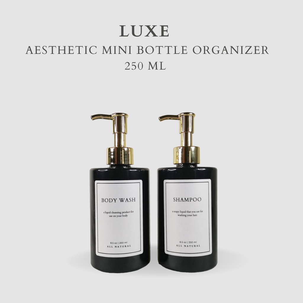 LUXE Botol MINI HITAM Label KOTAK PUTIH 250 ml Aesthetic Bottle Refill | Botol refill sabun /botol refill sabun/ botol isi ulang/botol sabun refill/botol sabun/botol pump/botol anak/bathroom organizer/bathroom amenities