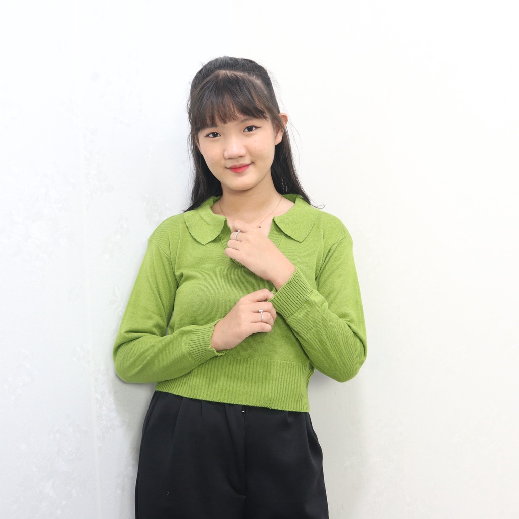 [✅COD ] T-shirt Crop kerah Rajut Polos Lengan Panjang Wanita