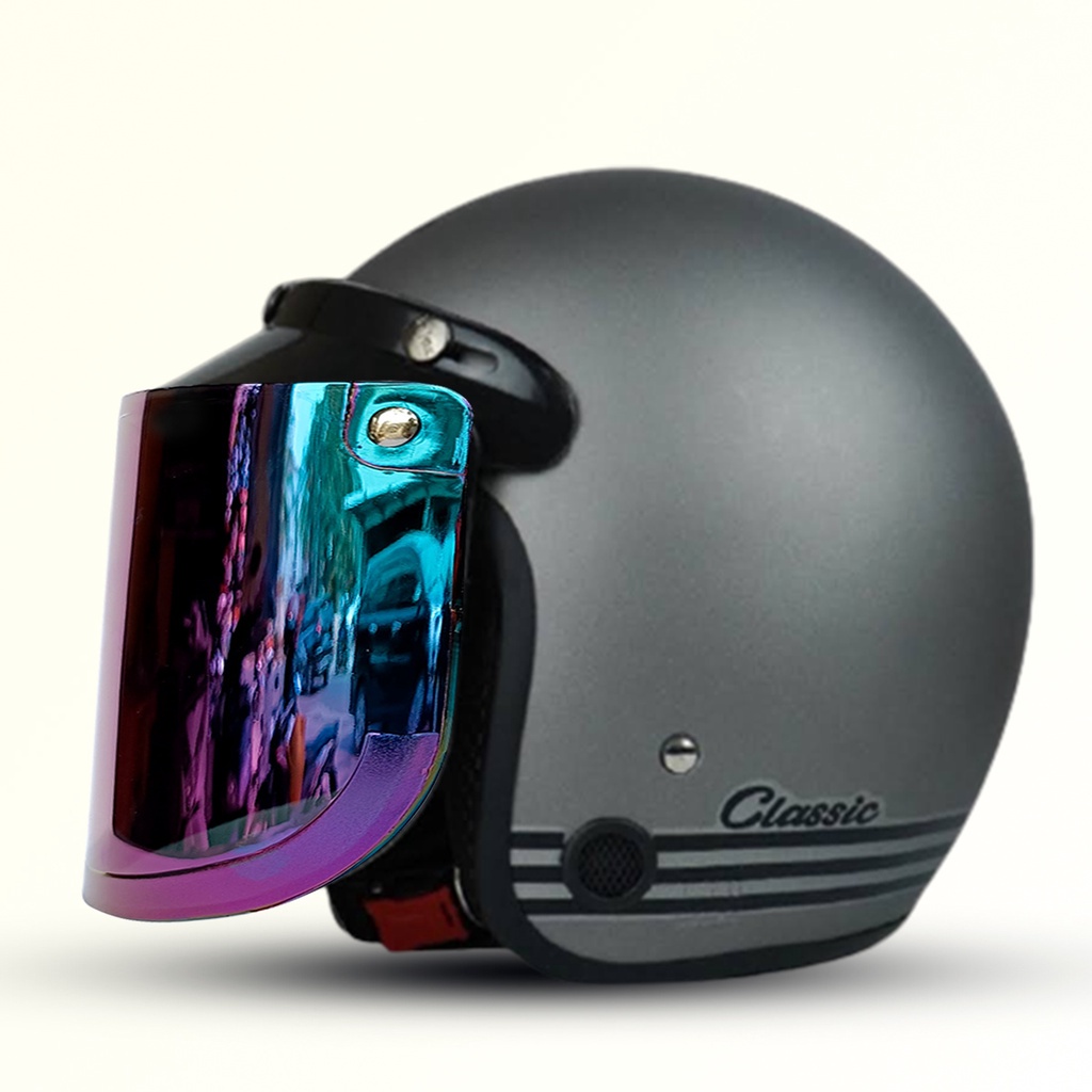 Helm Bogo Retro Dewasa Classic Kaca Datar Pelangi / Kaca Cembung Silver COD