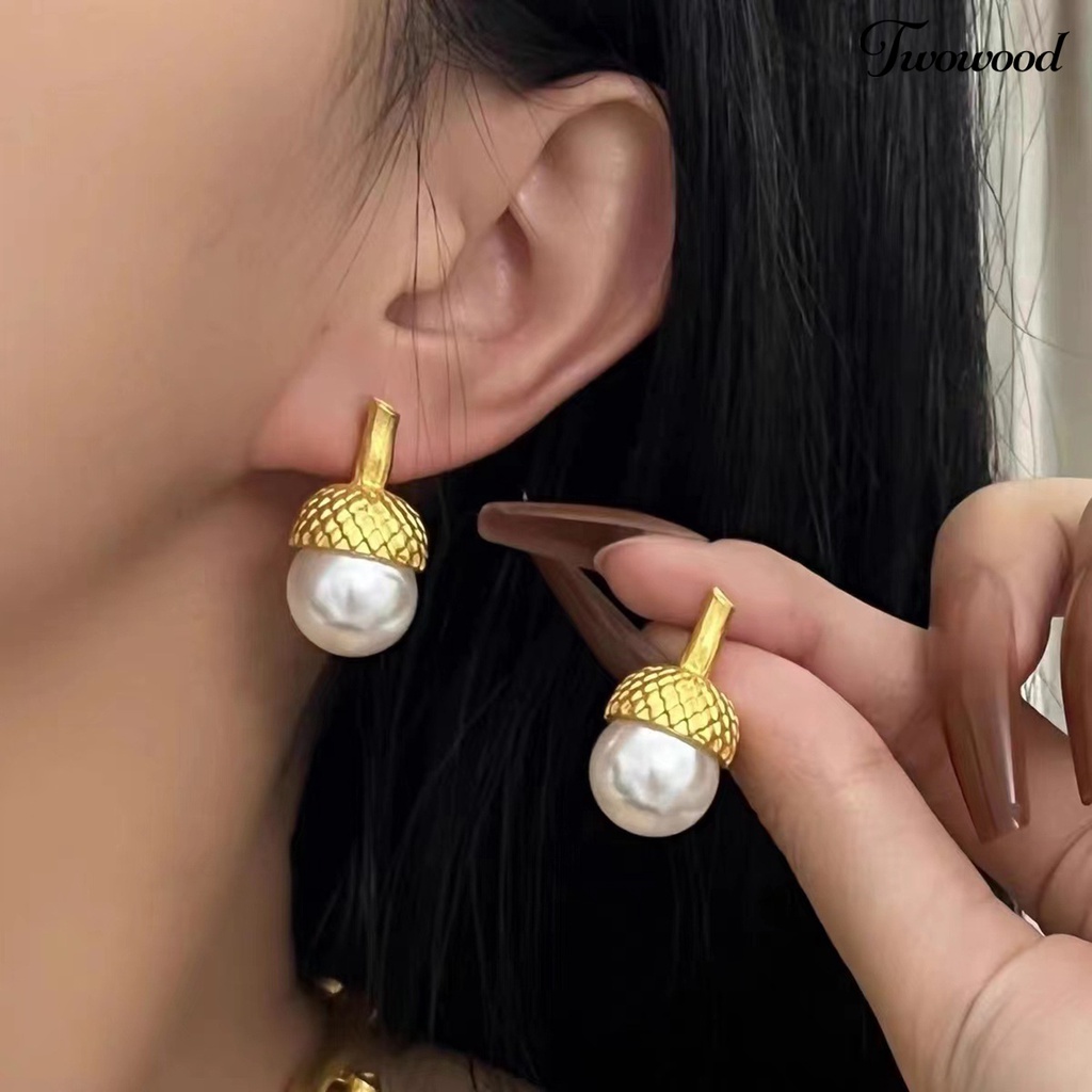 Twowood 1pasang Anting Pejantan Mutiara Imitasi High Gloss Electroplating Geometris Tahan Aus Dekorasi Hypoallergenic Fashion Wanita Liontin Anting Perhiasan Fashion