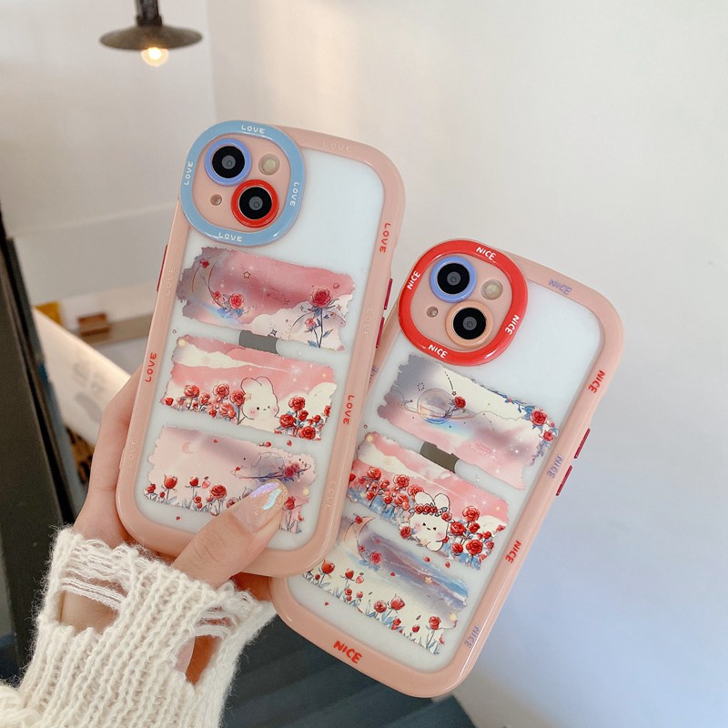 1PC Cute Rose Flower Bunny Puff Case IPhone 11 12 13 14 Pro Max Soft Phone Case Lovely Girl Women's Fashion Pink Casing Hp