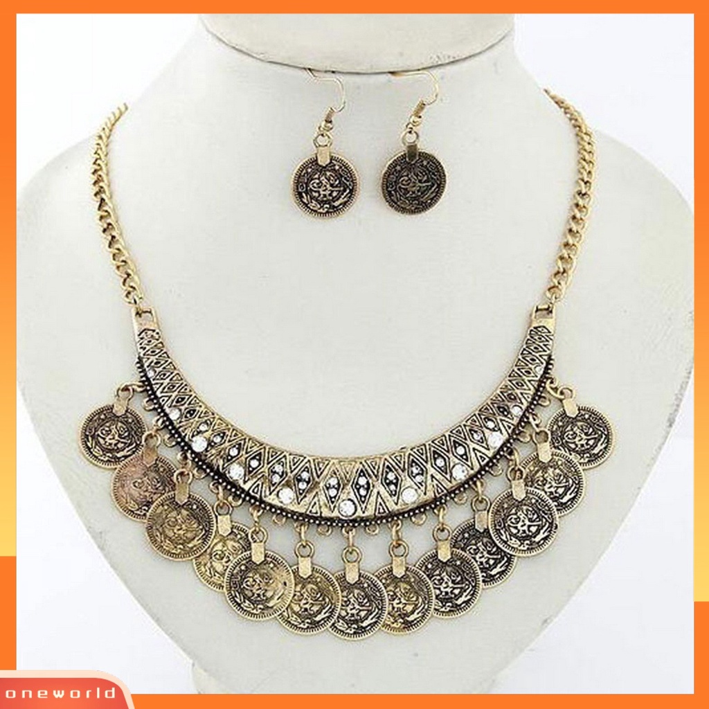OW@ Vintage Antique Coin Statement Choker Chain Hoop Earrings Necklace Set Jewelry