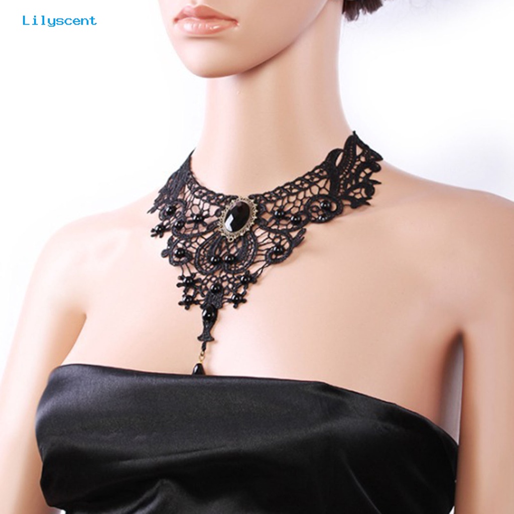 [LS] Kalung Wanita Manik-Manik Renda Hitam Hollow Out Adjustable Choker Necklace Untuk Pesta