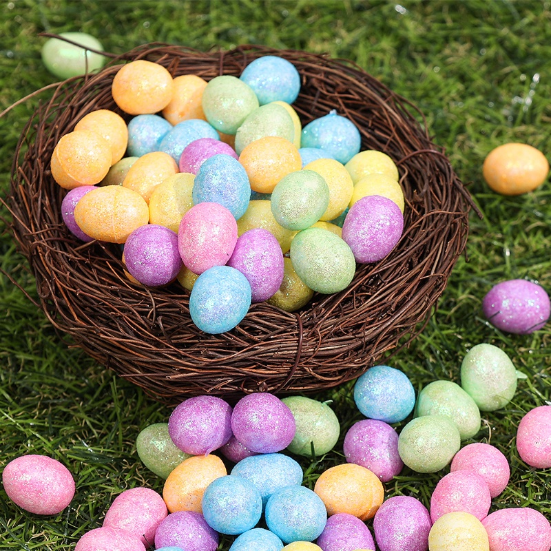 80pcs/set Telur Paskah Mini Artificial Warna-Warni/Telur Burung Busa Glitter/Perlengkapan Dekorasi Pesta Rumah Happy Easter