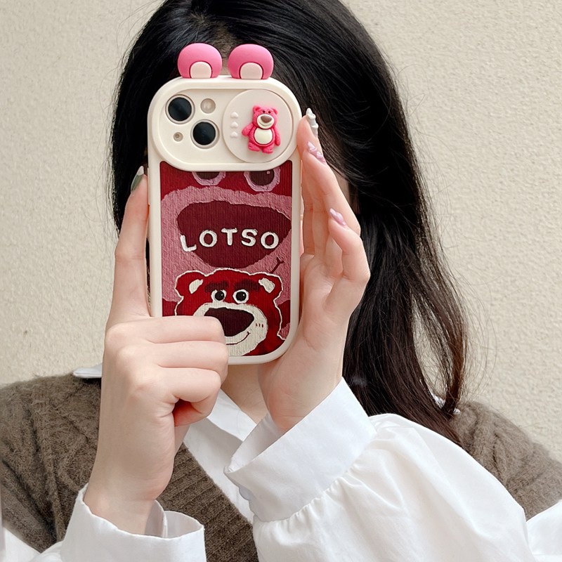 IPHONE Casing Kulit Lembut Pelindung Kamera Slide Dapat Didorong Untuk Iphone11 12 13 14 Pro Max 14 Plus Casing Phone Cover Cute Rose Red Bear Losto Womens Girl's Gifts cassing hp