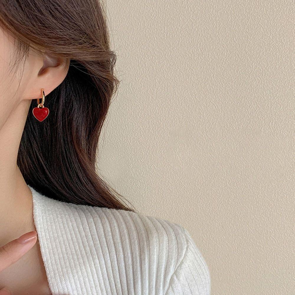 MXBEAUTY Anggur Merah Anting Rasa Mewah Manis Gaya Perancis Aksesoris Perhiasan Bentuk Cinta Persegi Wanita Hoop Earrings