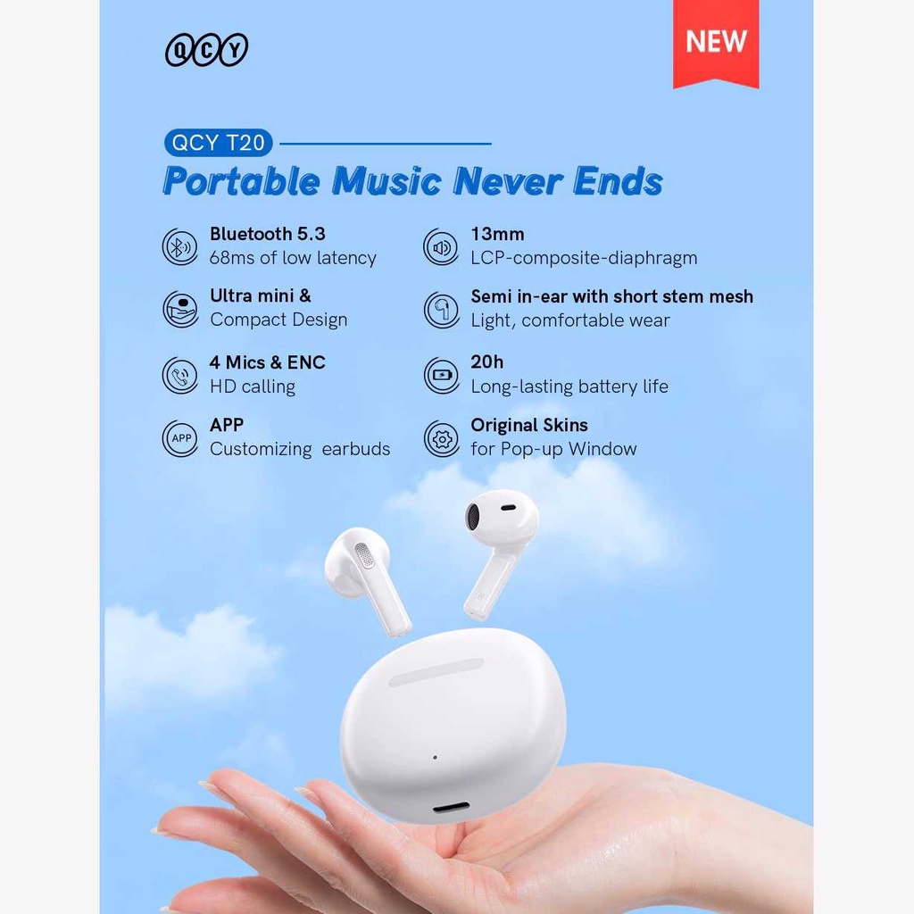 QCY T20 Ailypods TWS Bluetooth 5.3 Earphone Wireless Noise Reduction