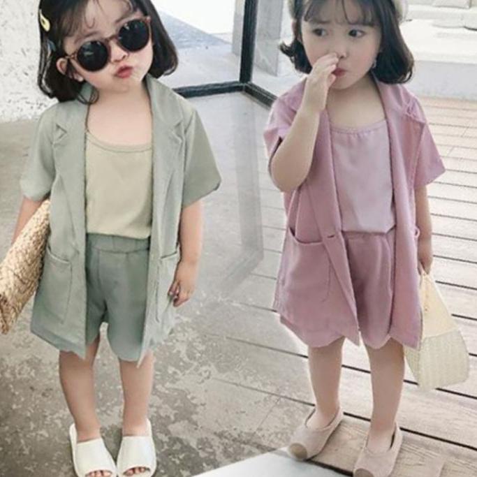 ♪ Setelan blazer tank top celana pendek anak perempuan import / Blazer casual set ♣