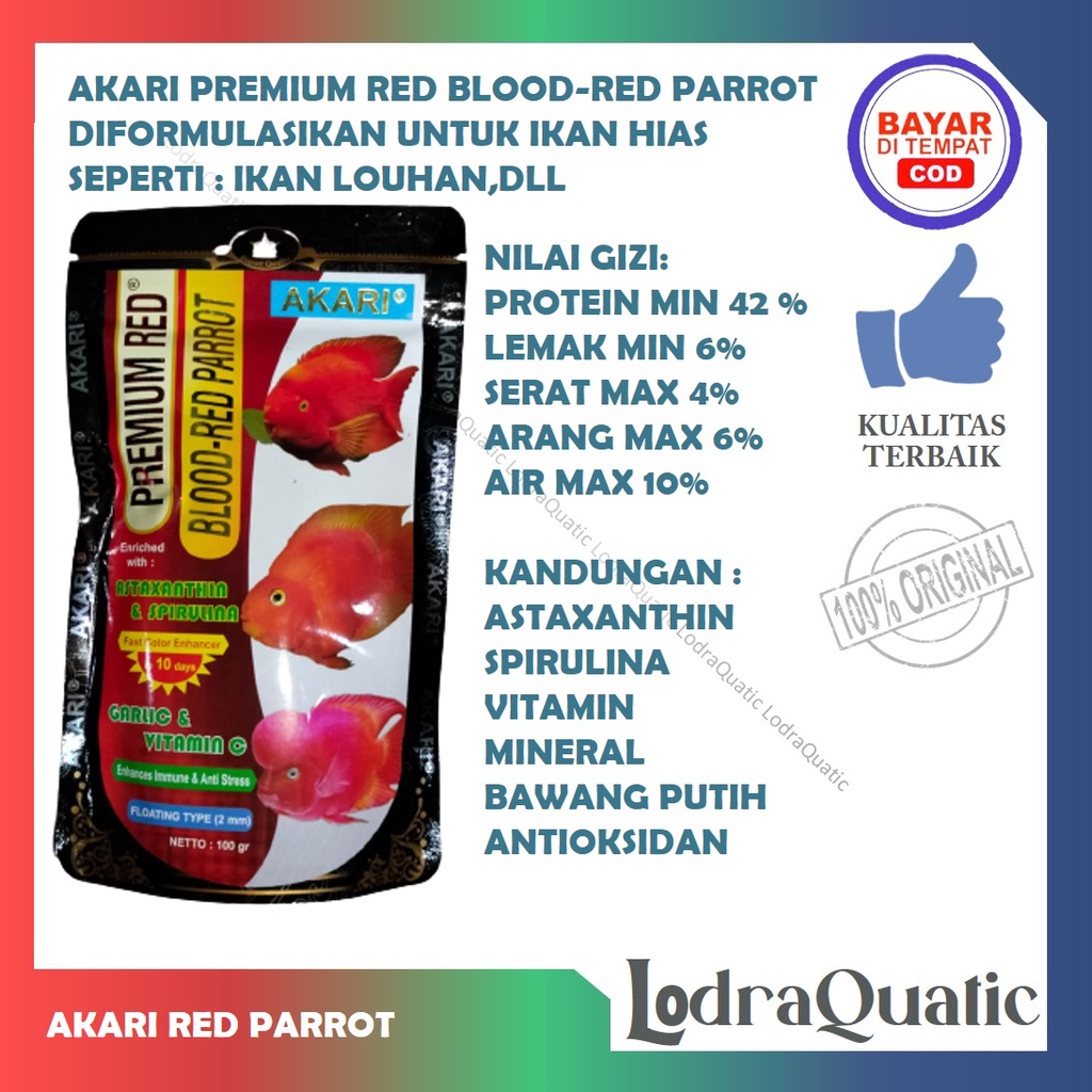 PELET AKARI PREMIUM RED GOLDFISH AKARI PREMIUM RED-BLOOD PARROT COLOUR BOOSTER ANTI STRESS AKARI LOUHAN PRO PELET AKARI PREDATOR PREMIUM RED PELET IKAN HIAS PELET LOUHAN PELET PREDATOR PELET LOHAN