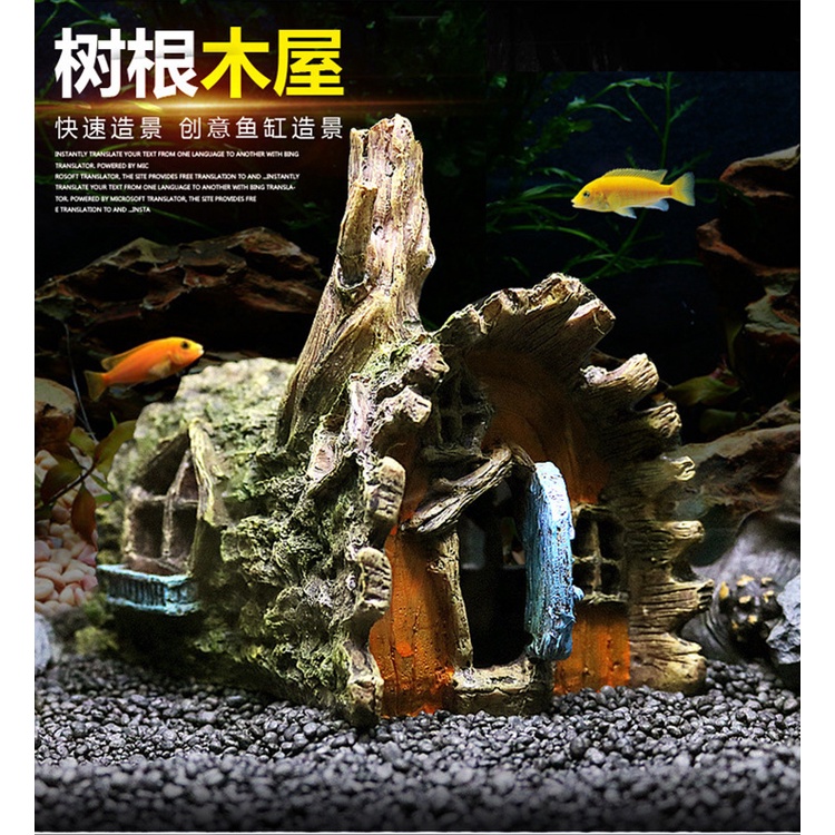 Hiasan aquarium rumah kayu kulit, dekorasi aquarium rumah kayu kulit, ornamen aquarium rumah kayu, d