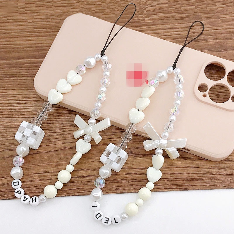 Manik-manik Putih Rantai Ponsel Aksesoris Anti Hilang Handmade Gelang Tali Untuk iPhone Android OPPO VIVO Huawei Xiaomi Redmi Samsung