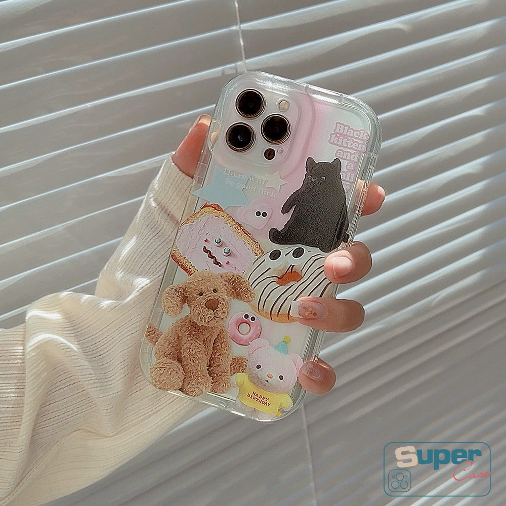 IPHONE Casing Ponsel Beruang Anjing Kucing Kartun Transparan Kompatibel Untuk Iphone11 13 14 12 Pro MAX 6 6S 7 8 Plus XR X XS MAX Ins Hewan Lucu Stiker Shockproof Airbag Lembut TPU Penutup Belakang