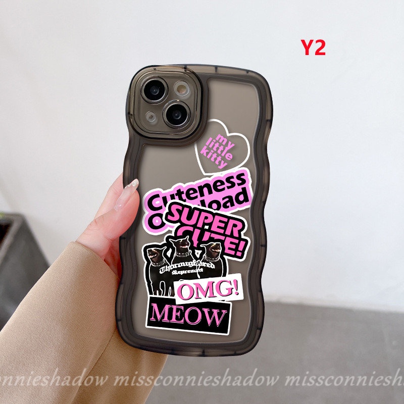 IPHONE Trendy Merek Stiker Label Inggris Ponsel Case Kompatibel Untuk Iphone14 Pro Max XR 6s 6 7 8 14 Plus 11 14 13 12 Pro Max X XS Max SE 2020 Fashion Kucing Keren Bergelombang Tepi Soft Case