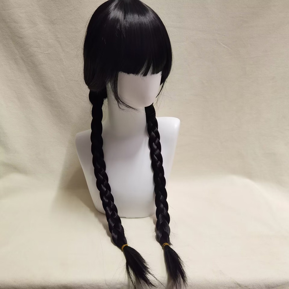 Film Rabu Addams Cosplay Wig Addams Keluarga Cosplay Gadis Wig Panjang Kepang Hitam Tahan Rambut Wig Sintetis