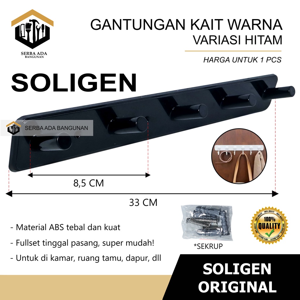 Gantungan Baju SOLIGEN Hanger 5 Kait Plastik PVC Kapstok Dinding Tembok Cantolan