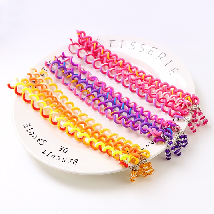 6pcs Karet Rambut Elastis Panjang Kristal Untuk Gadis Anak Aksesoris Rambut DIY Alat Styling Warna Pelangi Twist Kepang Curlers Headband Gaya INS Korea Lucu Manis Fashion