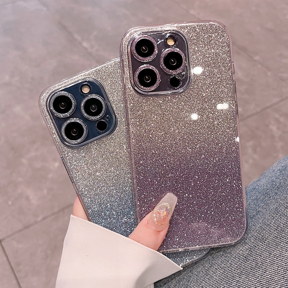 IPHONE Casing Gradasi Glitter Untuk Iphone14Plus14Pro MAX Bening Tempered Glass Case Untuk Iphone12 13 Pro MAX Casing Pelindung Kamera