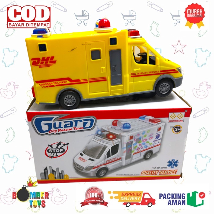 MAINAN ANAK MOBIL BATERAI BUMP N GO AMBULANCE POLICE PEMADAM LAMPU DHL SIRENE KADO KOLEKSI