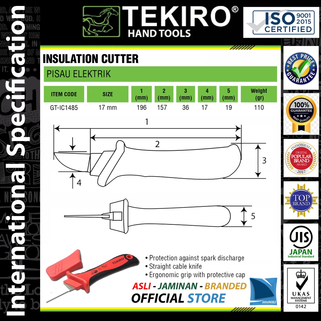 Pisau Kelistrikan 38 x 208 mm Terinsulasi Anti Konduksi / Insulation Cutter TEKIRO