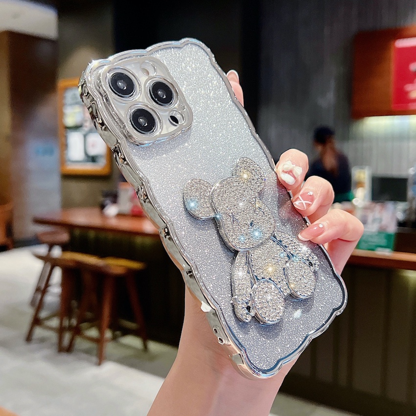 IPHONE Casing Ponsel Beruang Berlian Kristal Flash Bergelombang Electroplating Mewah Untuk Iphone14 13 12 11 Pro Max X Xs Xr 7 8 Plus Shockproof Case Cover