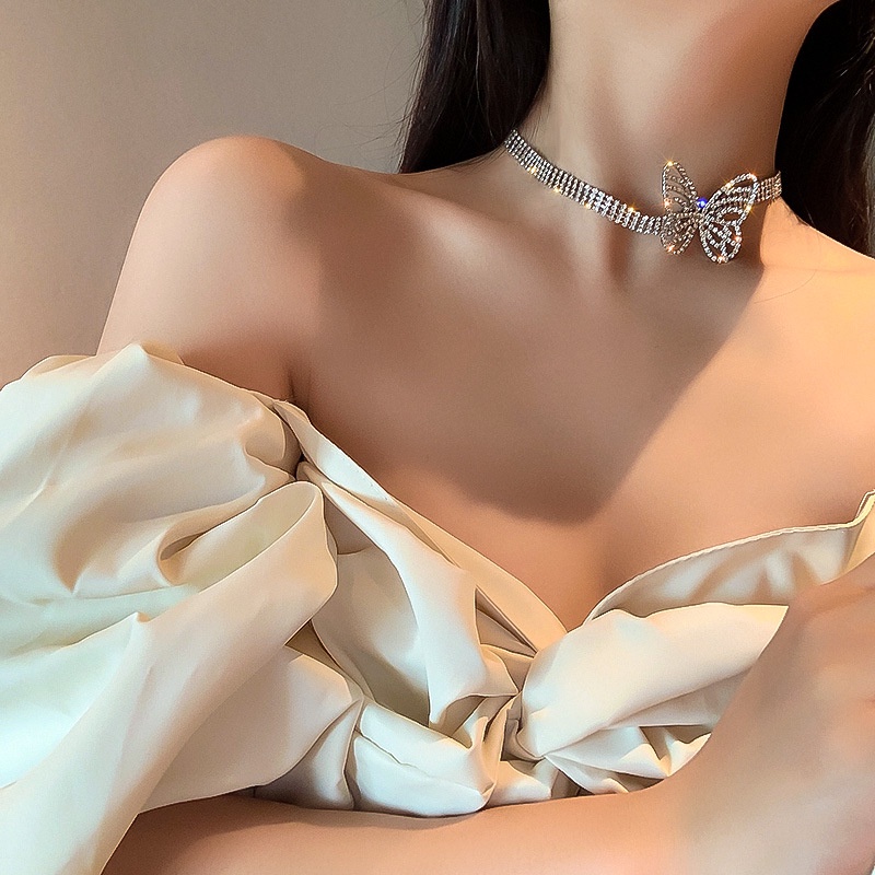 Fashion Kupu-Kupu Perak Kalung Choker Untuk Wanita Mewah Zirkon Kalung Aksesoris Perhiasan