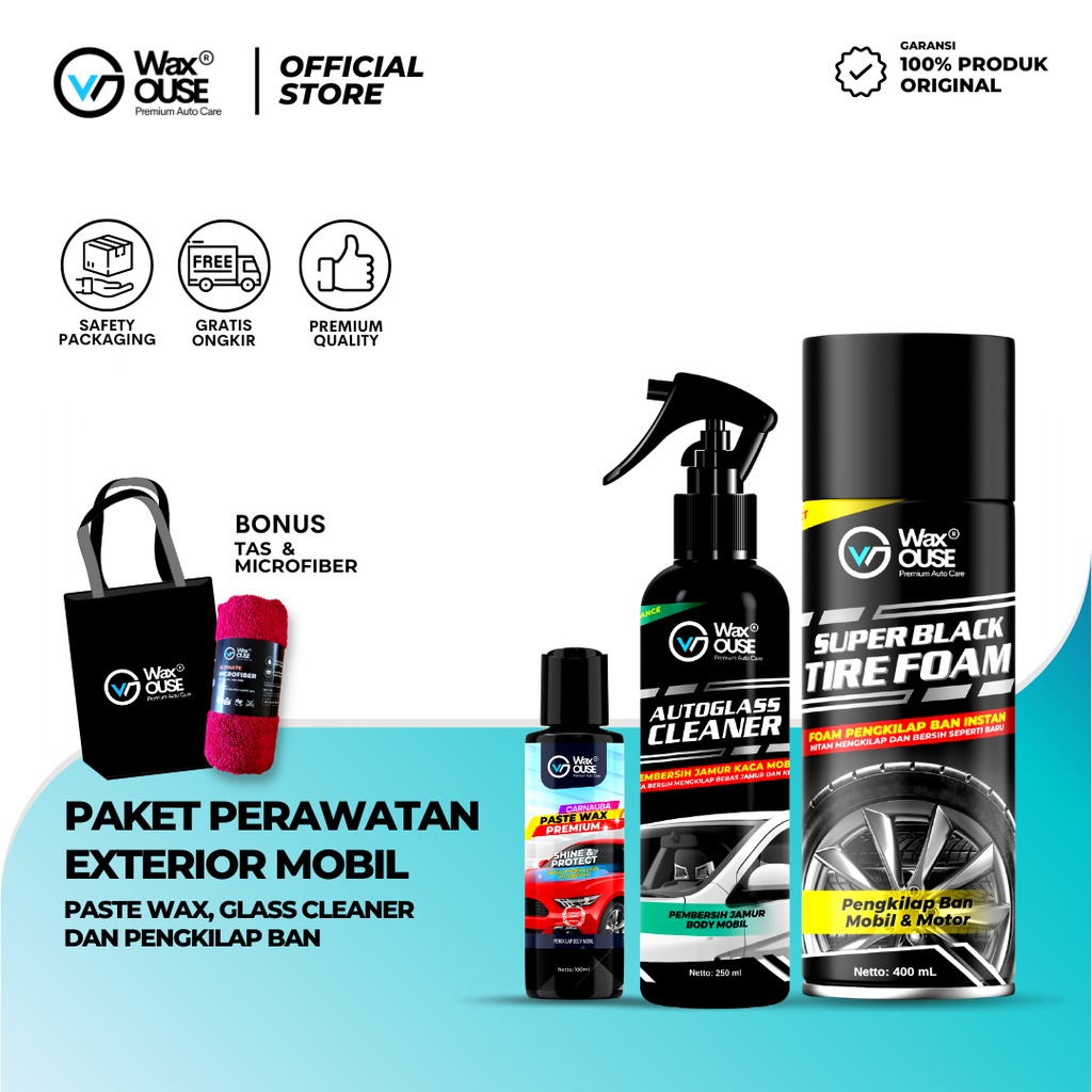 Waxouse Paket Pembersih Jamur Kaca Mobil Carnauba Paste Wax Premium dan Semir Ban Instan Super Black Tire Foam