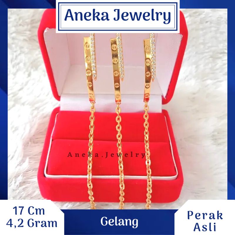 Gelang Holo Plat Mata Baris, Sepuh Emas Kuning, Perak 925