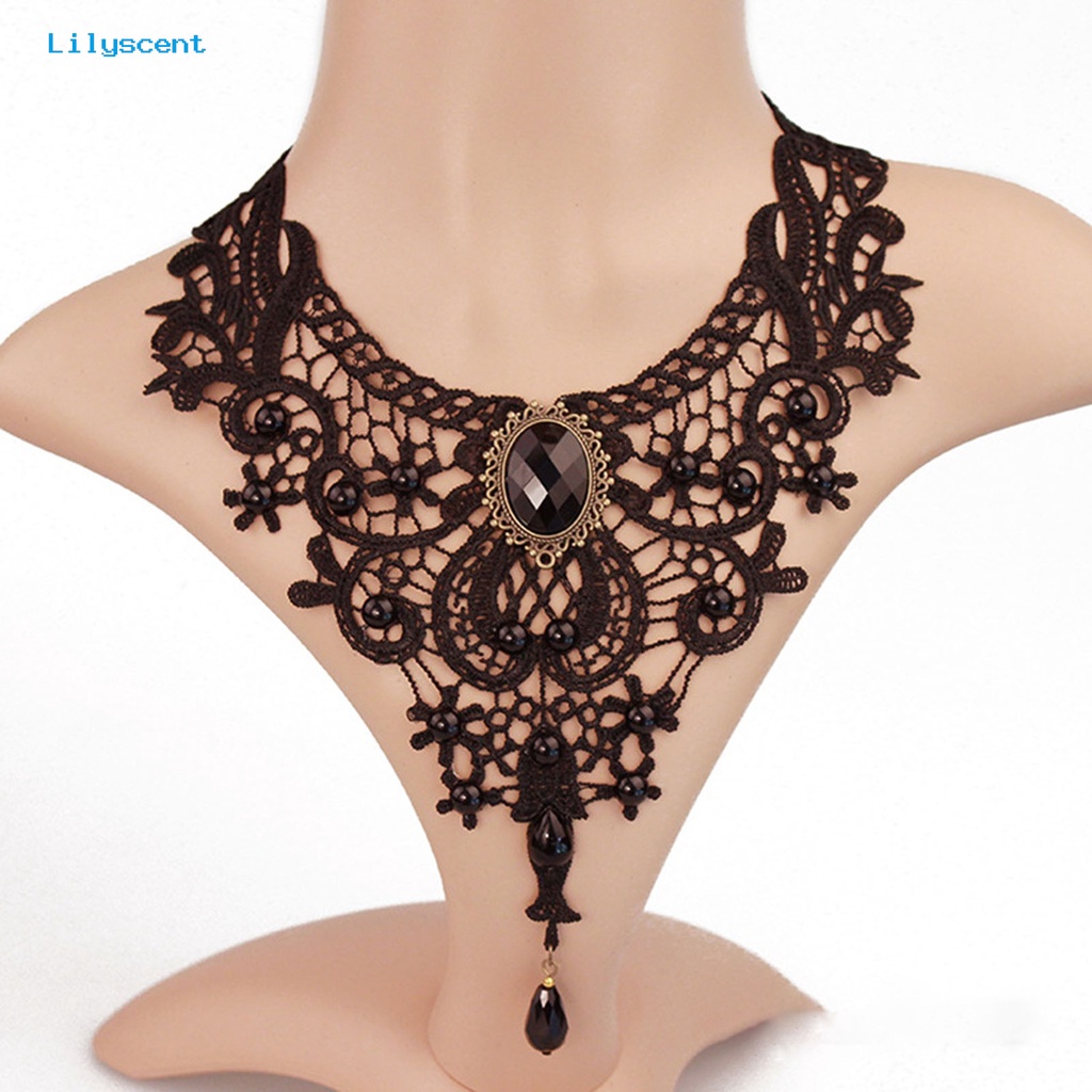 [LS] Kalung Wanita Manik-Manik Renda Hitam Hollow Out Adjustable Choker Necklace Untuk Pesta