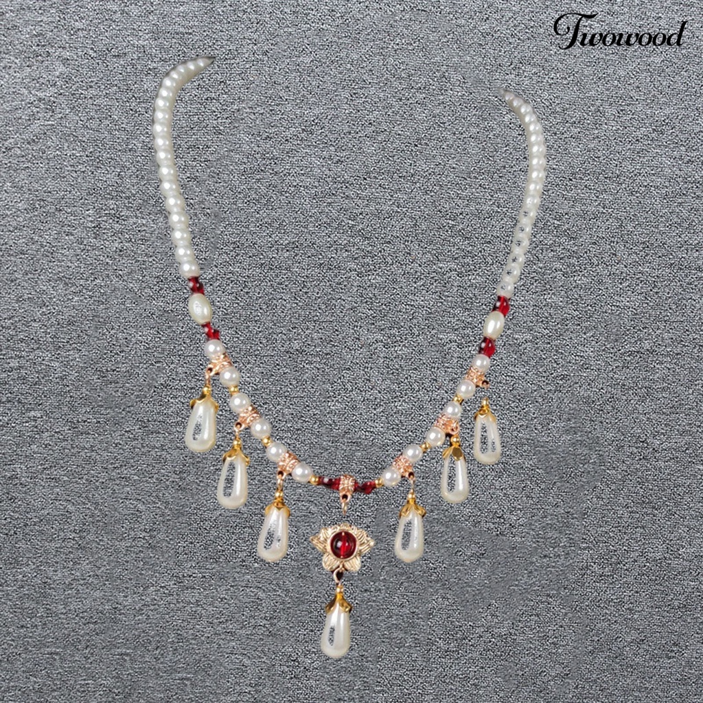 Twowood Hias Berlian Imitasi Teardrop Liontin Adjustable Vintage Kalung Wanita Mutiara Imitasi Cheongsam Necklace Perhiasan Aksesoris