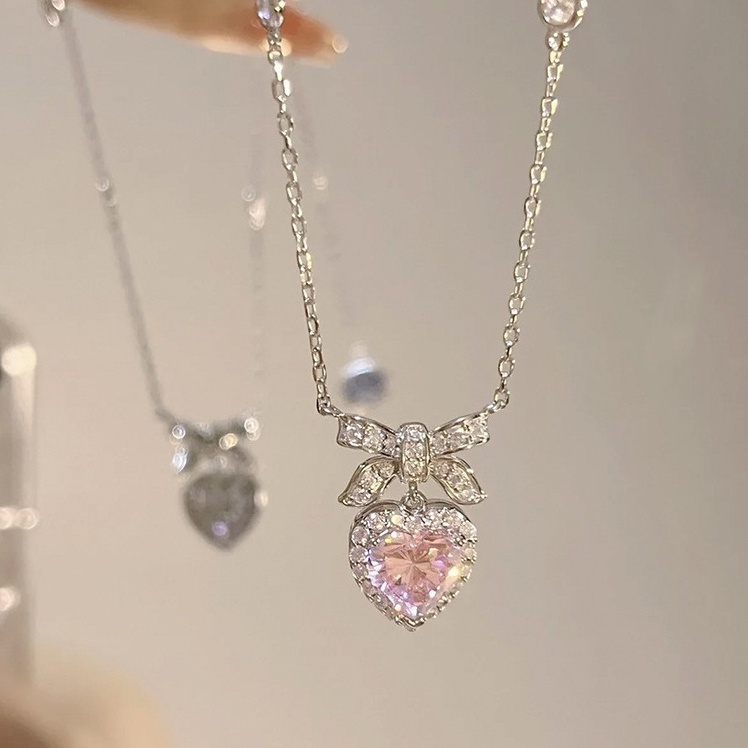 Kalung Rantai Permata Pink Mewah Untuk Wanita Elegan Zirkon Jantung Liontin Aksesoris Perhiasan