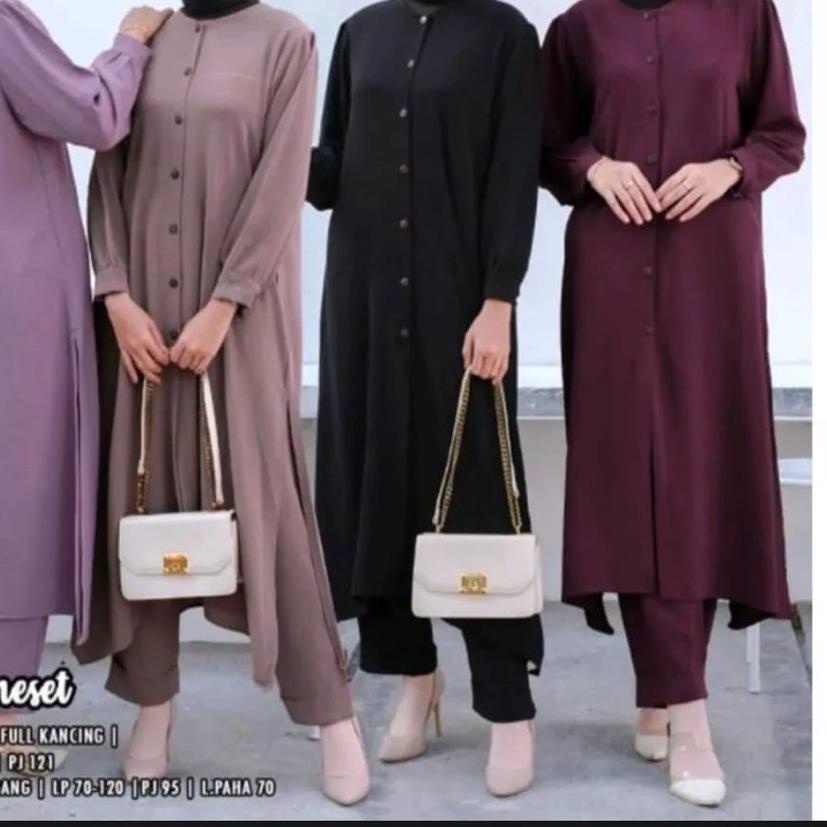 ♥ Stelan Long Tunik Cringkle Kemeja Kancing Depan Belakang || ONE SET LONG TUNIK CRINKLE DIVYA ONE S