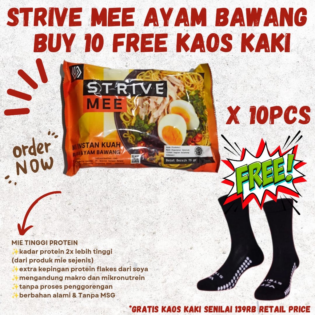 STRIVE MEE Mie Ayam Bawang Tinggi Protein Carbo Load FREE KAOS KAKI