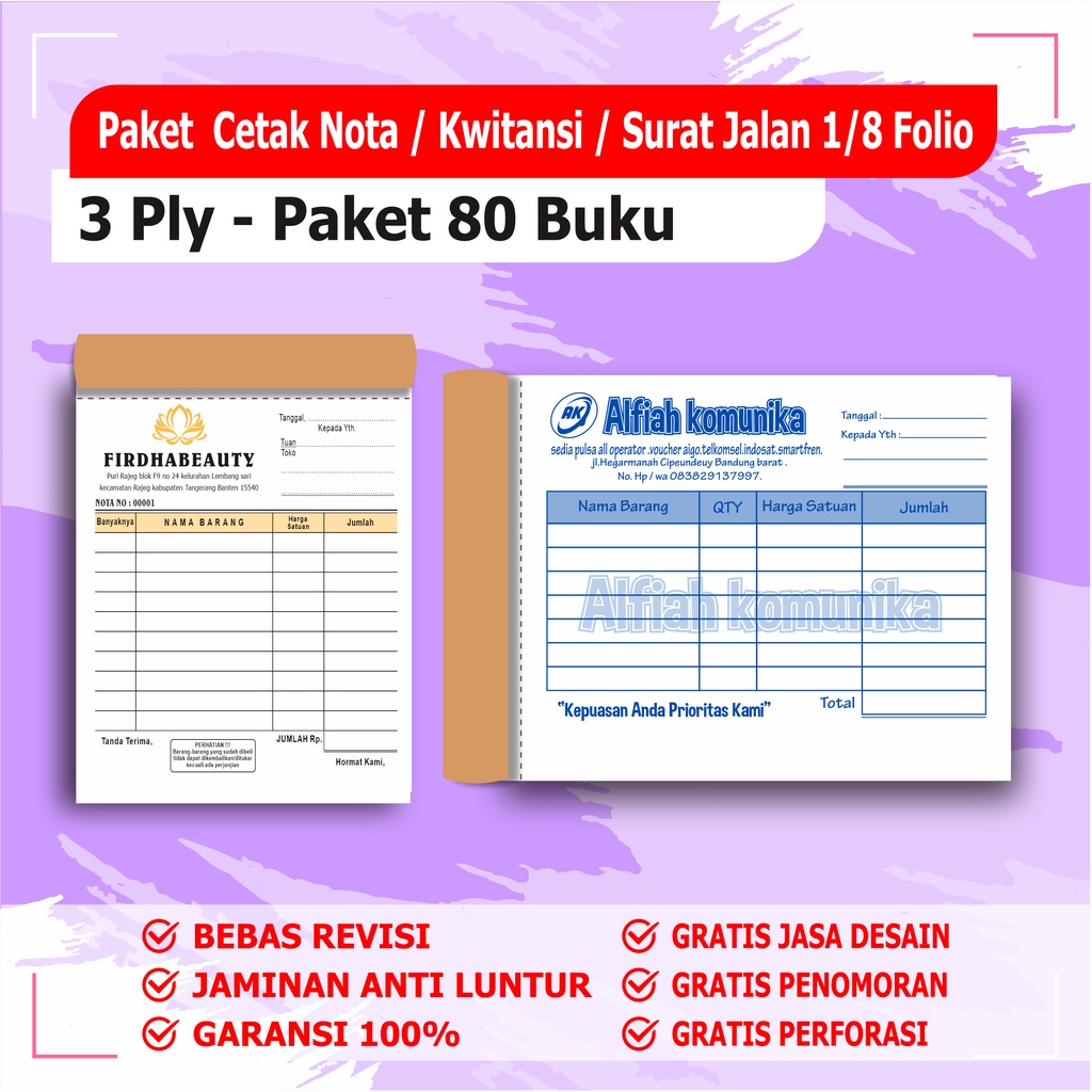 

cetak Nota custom 3 ply / Paket 80 buku 3 Rangkap ( 1 RIM ) nota custom surat jalan custom BEBAS DESAIN
