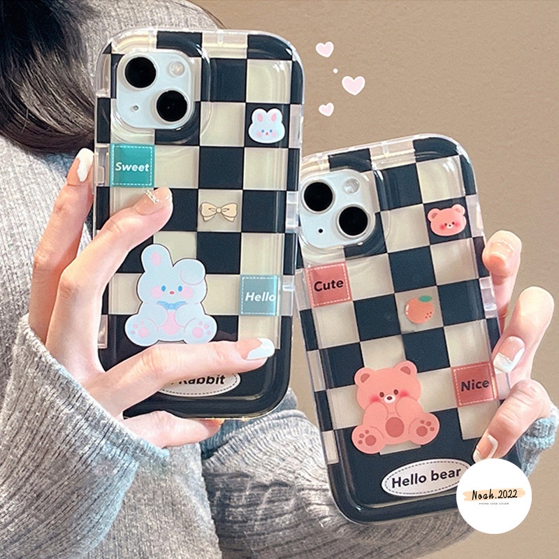 IPHONE Couple Soft Case Kompatibel Untuk Iphone14 13 12 11 Pro MAX 6 6S 7 8 Plus 7Plus 8Plus XR X XS MAX Beruang Lucu Kelinci Kotak-Kotak Kekasih Casing Shockproof Airbag TPU Phone Case